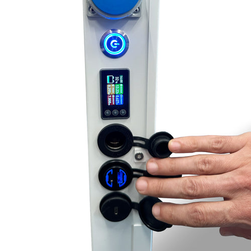 Mobisun Pro Air 2.0 poorten overzicht - 230V stopcontact, USB-C 100W, USB-A QC 3.0, 12V DC