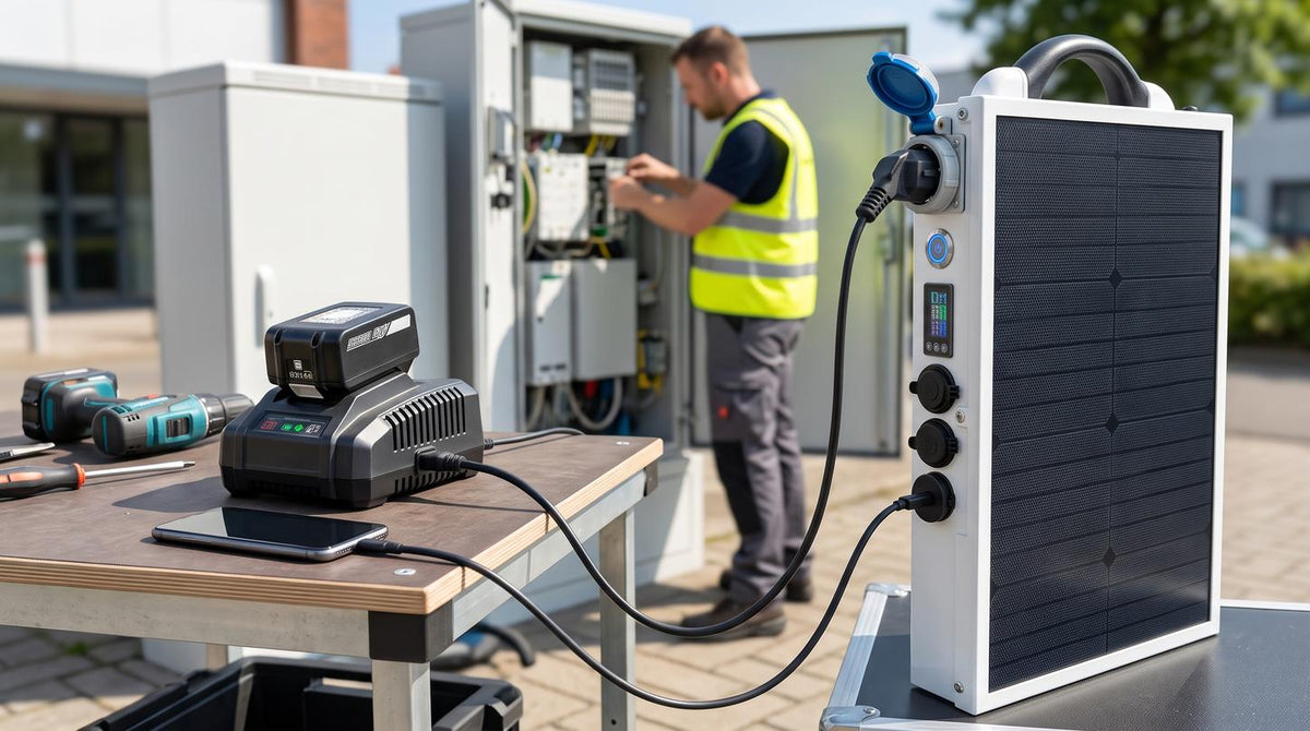 Mobisun Pro Air 2.0 — power station with integrated solar panel charging a battery drill