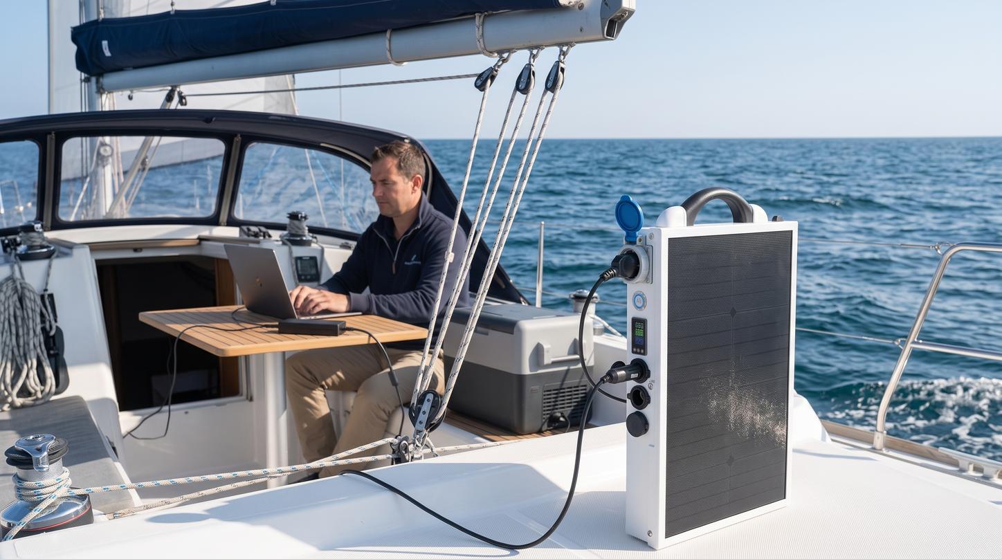 Mobisun Pro Air 2.0 — power station with integrated solar panel on board of a sailing boat